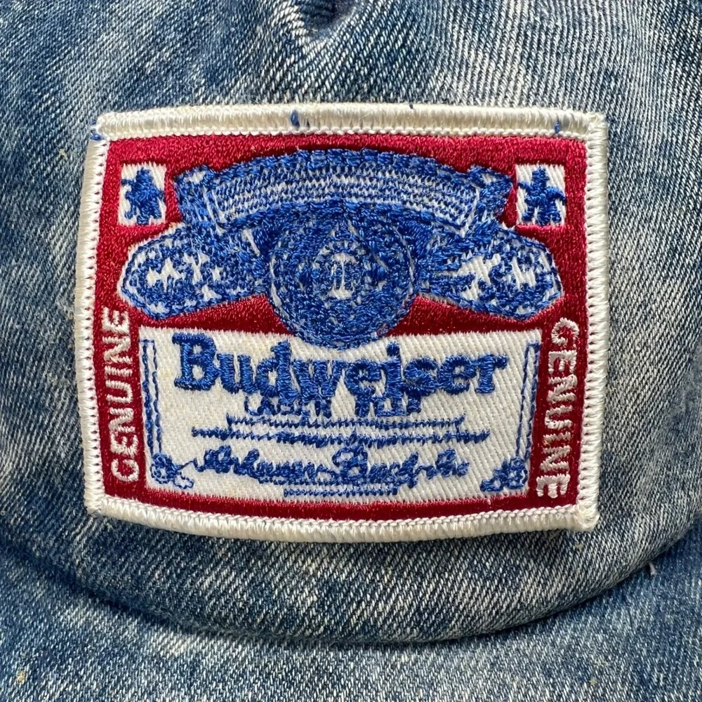 Vintage Budweiser Acid Wash Denim Trucker Hat Snapback Blue Beer Patch Cap